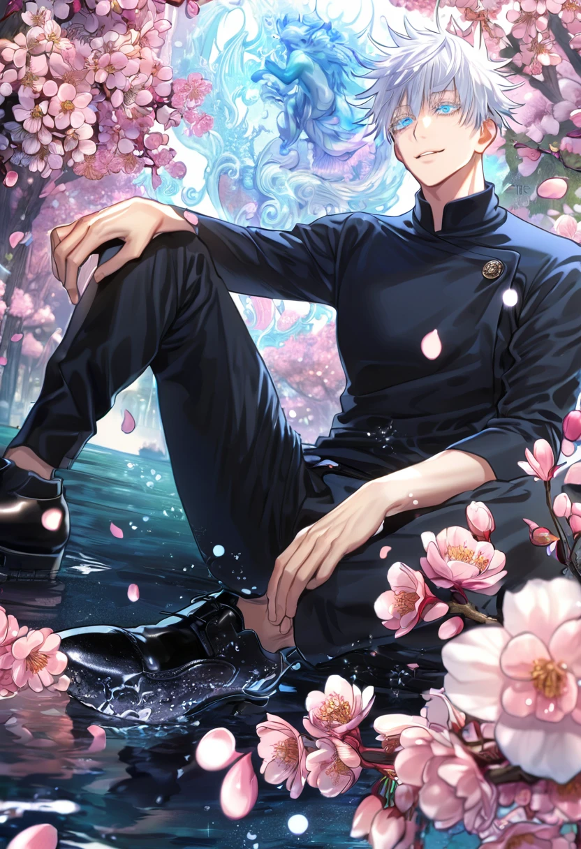 absurdres, highres, ultra detailed, HDR, master piece, Gojou Satoru, white hair with bangs, white eyelashes, expressive blue eyes, black clothes, black pants, black shoes, Jujutsu Kaisen, sexy man sitting, handsome, best quality, blossoms, pink petals, pink flowers, fantasy, magical, blue shining fireflies, solo, water, handsome smile, sensual