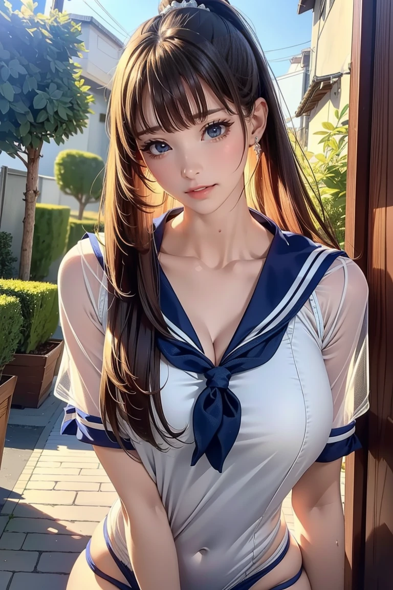 Extreme close up,1 girl,(非常にdetailedな肌),bent,,beautiful胸,(Big Breasts),Pale skin,Pointed Chest,Erect nipples,(Fantasy art,Best image quality,surrealist portrait,(8k),Ultra-realistic,最high quality, high quality, High resolution, high quality texture,Attention to detail,beautiful,detailed,非常にdetailedなCG,detailedテクスチャー,Realistic facial expressions,masterpiece,Presence,dynamic,bold),ponytail,(Very thin hair),(Very soft hair),(Super Straight Hair:1.5),Long, flowing bangs,Very light coppery amber hair,Hair above one eye,Dressed,Loose fitting T-shirt,See-through sailor swimsuit