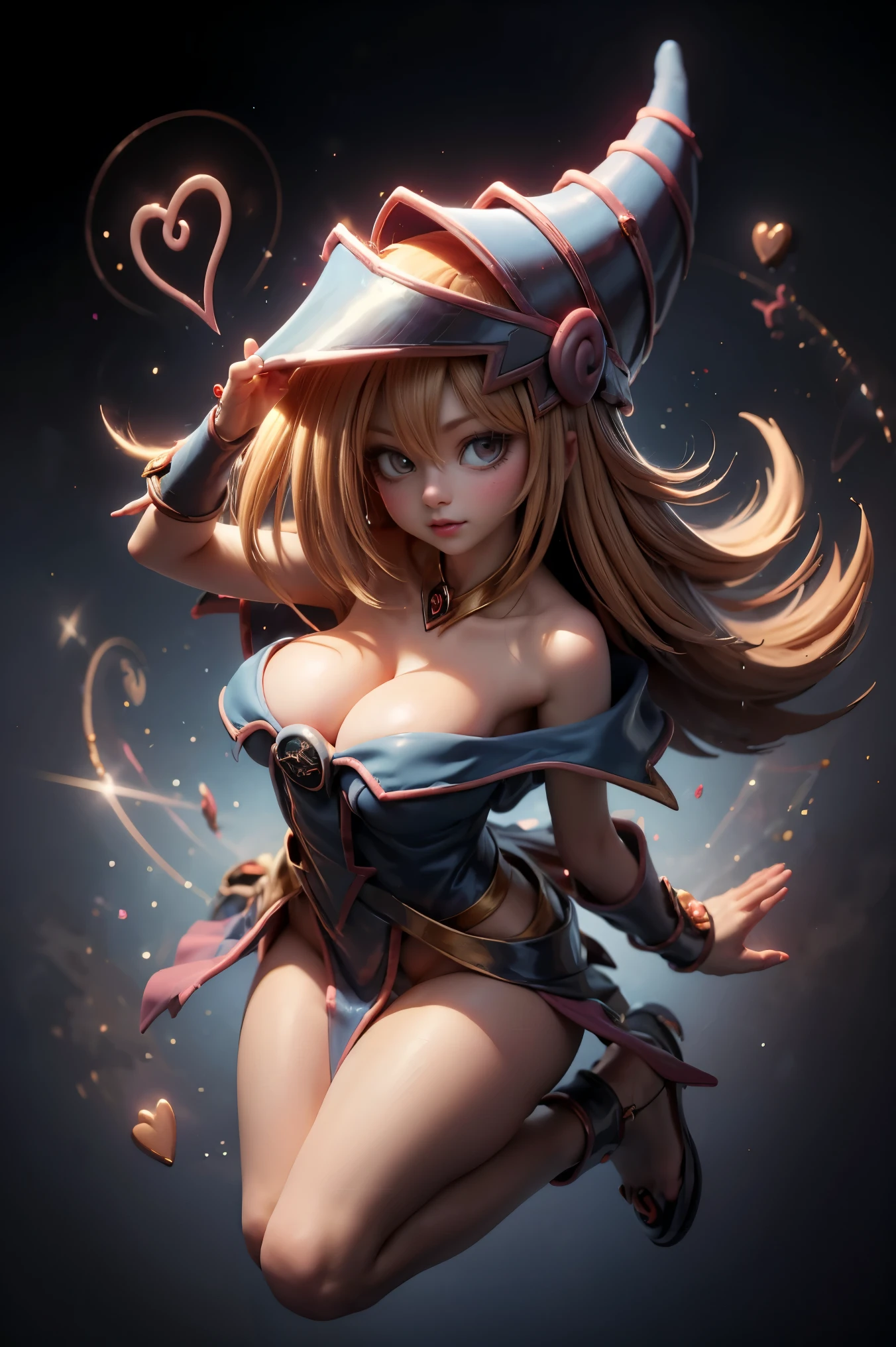 (masterpiece:1.2), (The best quality:1.2), perfect lighting, Dark Magician Girl casting a spell, floating in the air, big tits, neckline, magic background. Transparent hearts in the air, blue robe, big hat, from above, Sparkles, Yugioh Card in the background. In heels and a bikini 