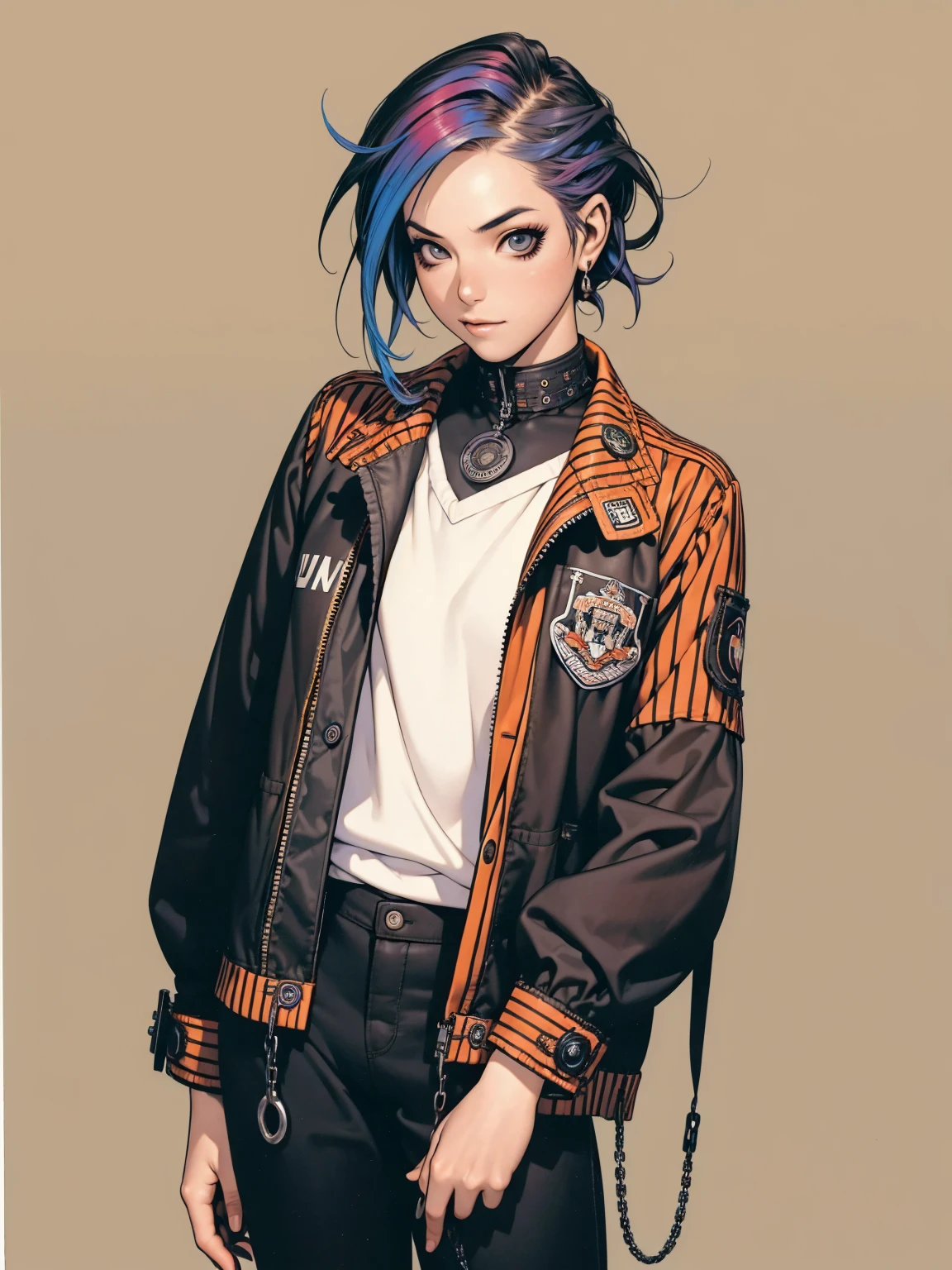 (((best qualityer))), (((manga strokes))), (((colorful punk hair))), jacket with rivets and screws, uma Kizi jovem muito bem vestida com roupas modernas de inverno, pants with red and black zig-zag pattern, top gift vertical stripes, short jacket with dark fur collar, beautiful and expressive face, slightly-smile, big eyes with long black eyelashes, heavy make-up, chains and zippers spread across clothes, contrasting colours, pose de atitude, hair with a modern and futuristic cut, urban game poster art, dramatic camera angles, graffiti art elements in the background, design mixing contemporary and retro by Shepard Fairey, (((cowboy shot))), (((best qualityer: 1.4))), (Unbeatable masterpiece), (hiper HD),(CG 8k hyper-realistic), Kizi, (((standing alone))), pirralha violent, (((14歳))), sexly, pose de atitude, work of art, post-apocalypse, (((manga style))), bounty hunter, violent, Manic, the way you want, slenderbody, thin but strong, perfectbody, roupa moderna, advanced technology, neon, sleeves with vertical striped pattern, neutral background, (( cowboy shot )). intricate visual