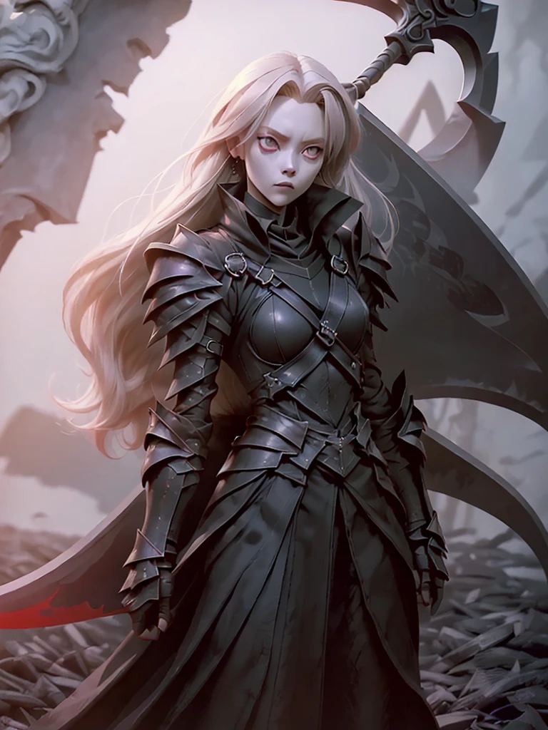 (((Masterpiece, best quality, realistic, 16k))) female character with long white hair and piercing red eyes. She wears a demonic armor in purple, black, and white. wields a large, stylized scythe. The character has a menacing expression, with a chaotic environment as the background. ((full body front view)). ((slender)), (extremely detailed:1.5), (long white hair:1.2), (piercing red eyes:1.2), (chaotic environment:1.1), (demonic armor:1.3), (stylized scythe:1.3).