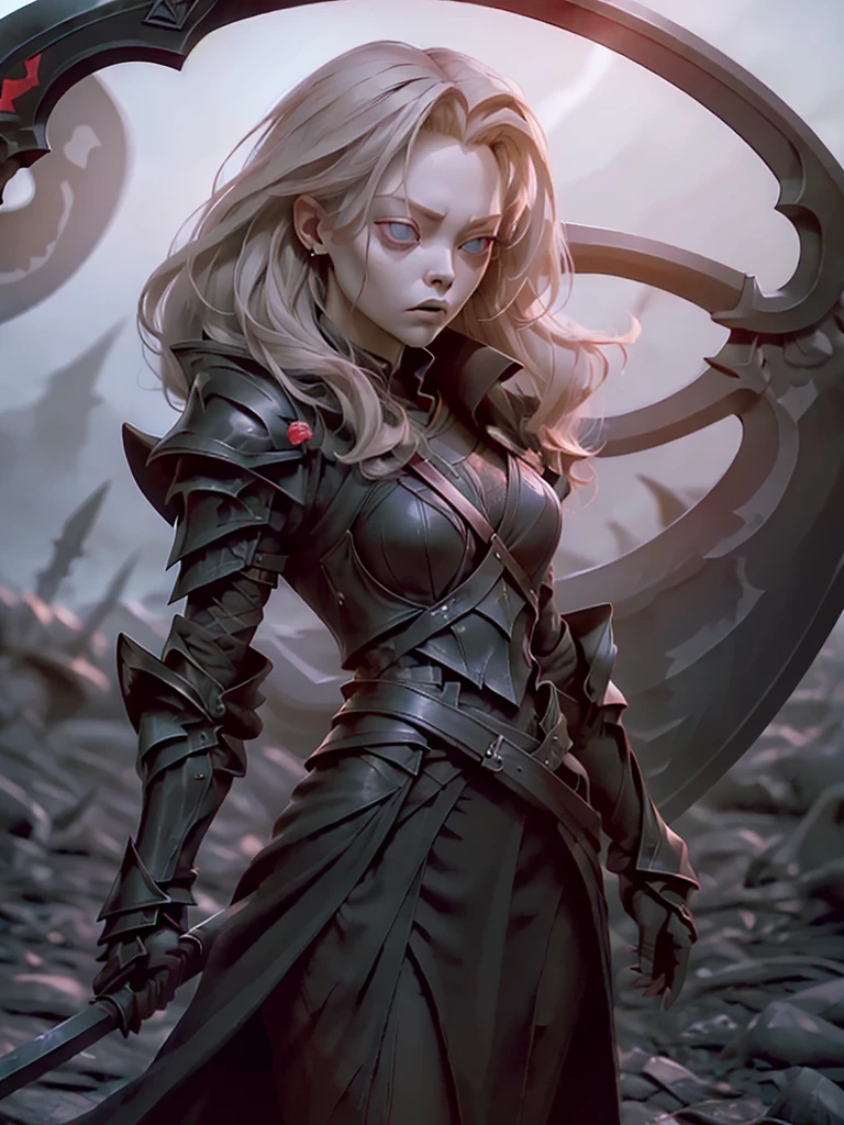 (((Masterpiece, best quality, realistic, 16k))) female character with long white hair and piercing red eyes. She wears a demonic armor in purple, black, and white. wields a large, stylized scythe. The character has a menacing expression, with a chaotic environment as the background. ((full body front view)). ((slender)), (extremely detailed:1.5), (long white hair:1.2), (piercing red eyes:1.2), (chaotic environment:1.1), (demonic armor:1.3), (stylized scythe:1.3).