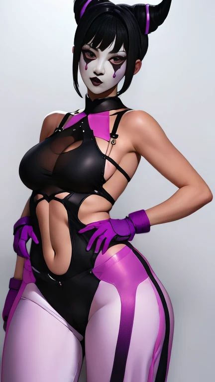 Juri has large breasts and is wearing her mime custome