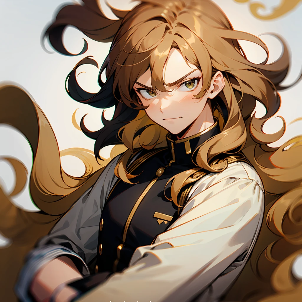 1male , Smug Expression , Wavy Hair , Multicolored Hair , Brown and Gold Hair , Oumbre Hair , Unique Clothing , Fitted white Longsleeve shirt , Combat clothing 