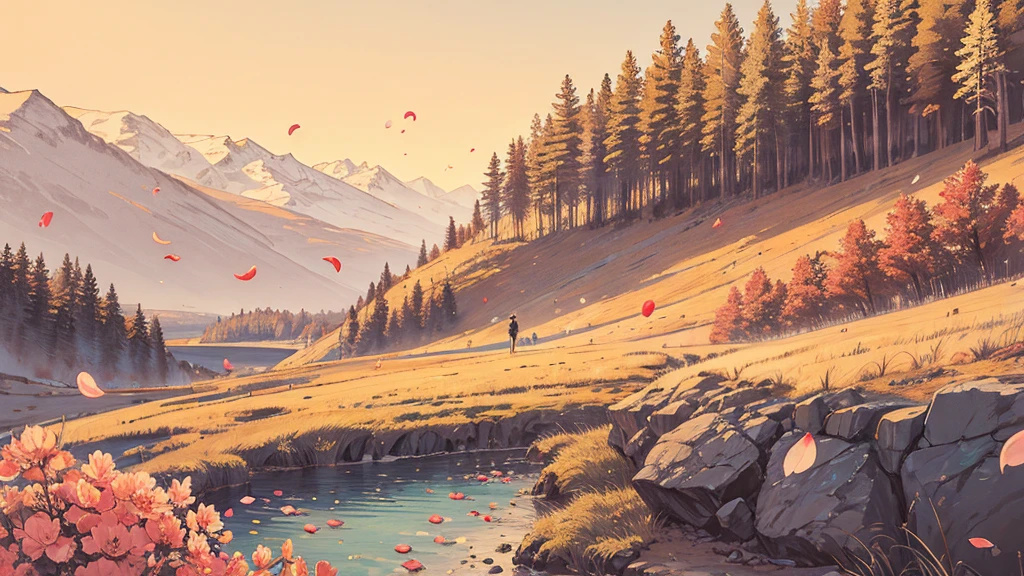Petals flutter in the wind,Emotional,Warm tones,landscape,