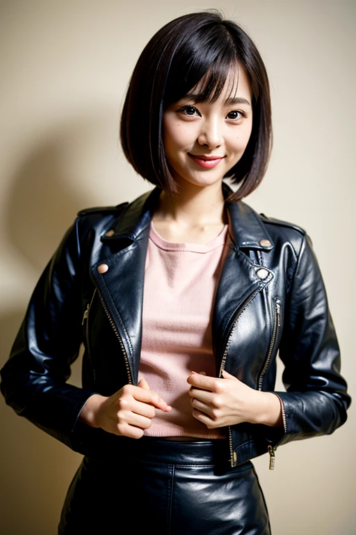 Realistic, software, Beautiful Japanese Girl, A shy smile,Bob cut short hair,leather jacket,Leather skirt