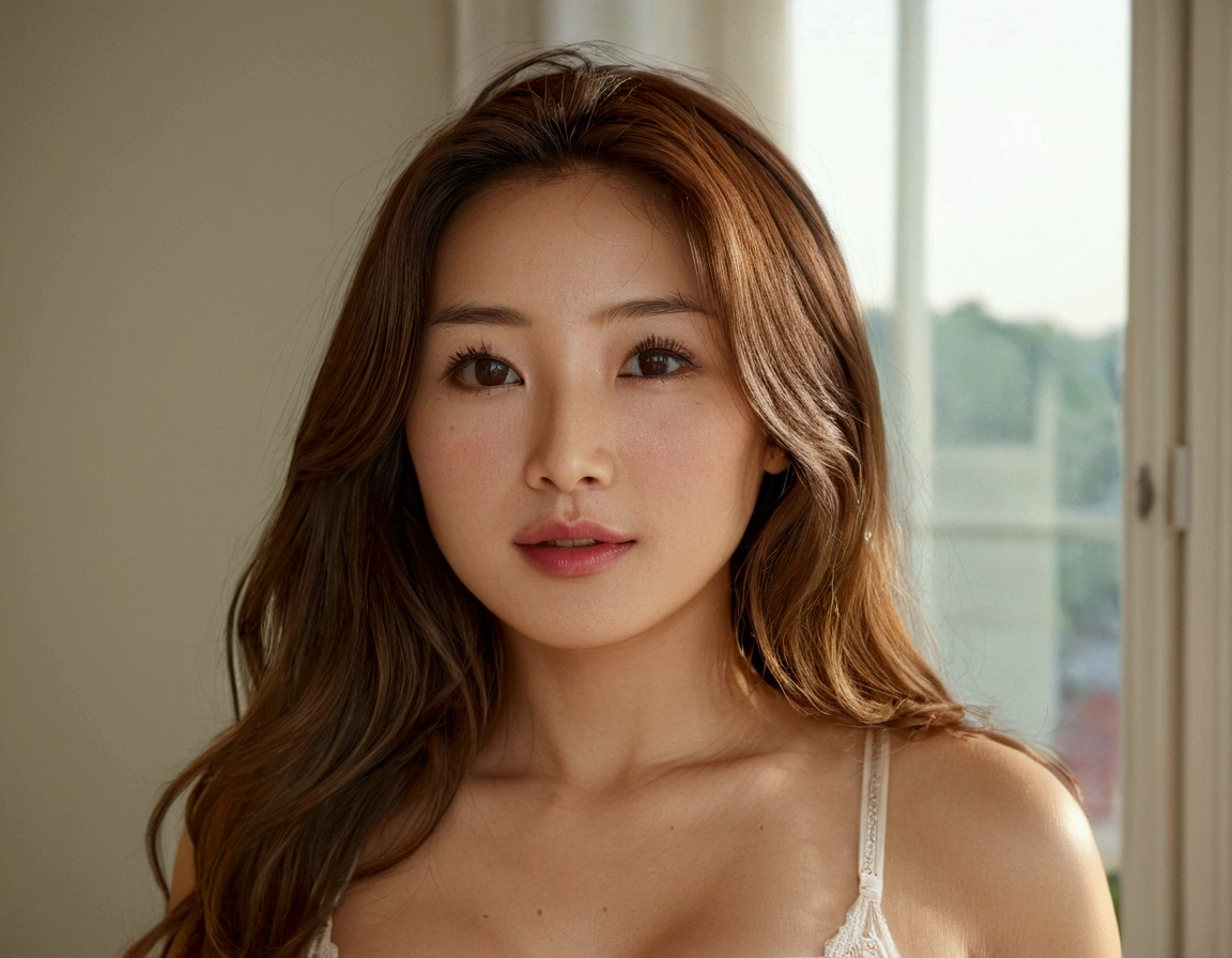 an asian woman with long brown hair, modelling two-piece lingerie from victori secret She has a serene expression with almond-shaped eyes, soft lips with a hint of red lipstick and fair, smooth skin with a hint of natural glow. She is standing near a window, with soft natural light highlighting her features. The background is slightly blurred, focusing on her face and upper body. BREAK high resolution camera, close-up, natural lighting, modern realism, soft shadows, intimate atmosphere, hd quality, natural look --ar 16:9 --v 6.0