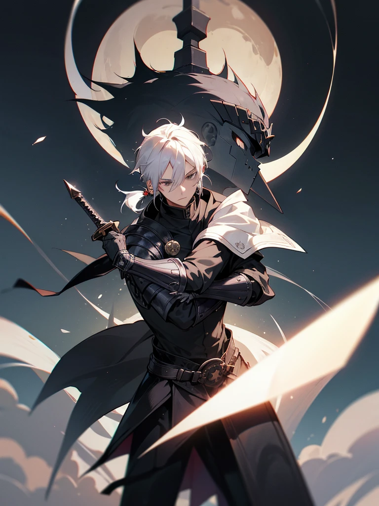 young man, white hair, hair tied at the base of the neck, wearing black armor with a circle of force symbolizing an eclipse on the chest of the armor, carrying a grand black sword