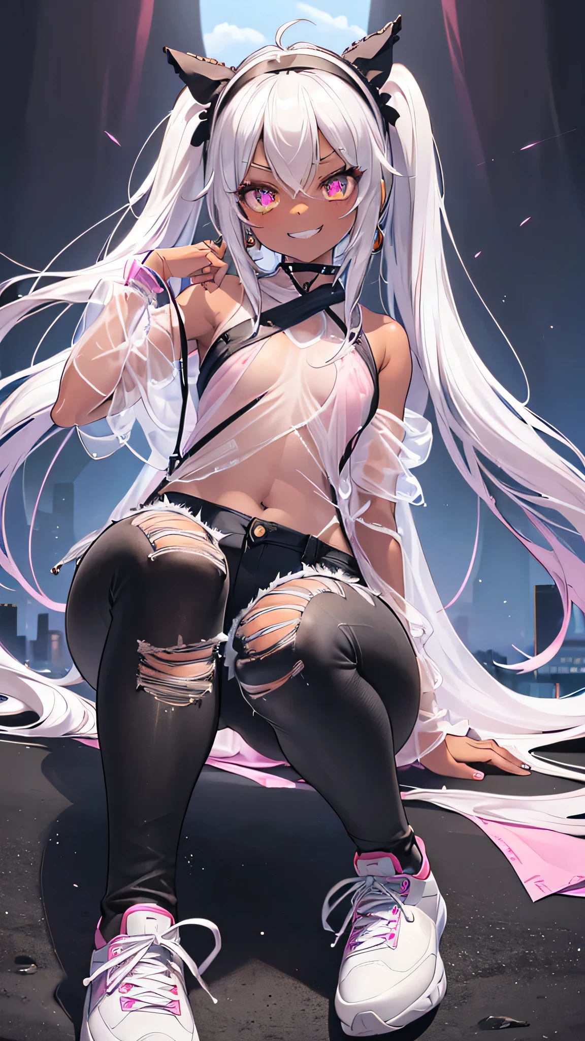 1girl, Angle from below:1.8, The girl bends forward to show off her breasts、legs apart, (Blade), (Tanned shiny black skin:1.6)、Glowing Eyes, ((Sexy evil grin)), (10 years old girl), rainbow color hair、Twin tails、forehead、breasts, pink rips, cape, ((((arabian white clothes, see-through)), (headband), ((Ripped jeans)), small breasts, (jewelry))), ((City)), ((focus crotch)), (crotch), ((sneaker)), ((girl on top)), Angle to look up at the crotch、