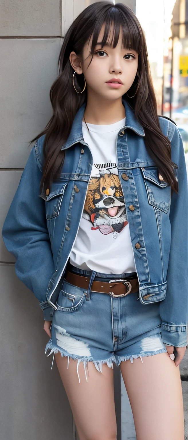 Cute Idol Girl、whole body、Good style、、、、、、、、、、Thick legs、Distressed denim pants with large holes(、Cool belt)、Cool girl face、leopard print punk jacket