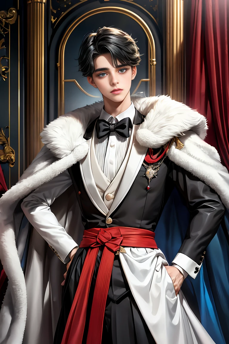 
masterpiece, 最high quality, high quality, 1 boy, alone, Male focus, Watching the audience,  Messy black hair, Adorable big blue eyes, White, Noble, Noble,A sexy, voluminous, puffy cape、tuxedo、A very voluminous, large, very large, very large, long, long red and black cape with a high stand-up collar, made of a lot of fabric that reaches down to the floor., 17 years old,Cute beautiful boys,Cute, cute, kind, handsome guy