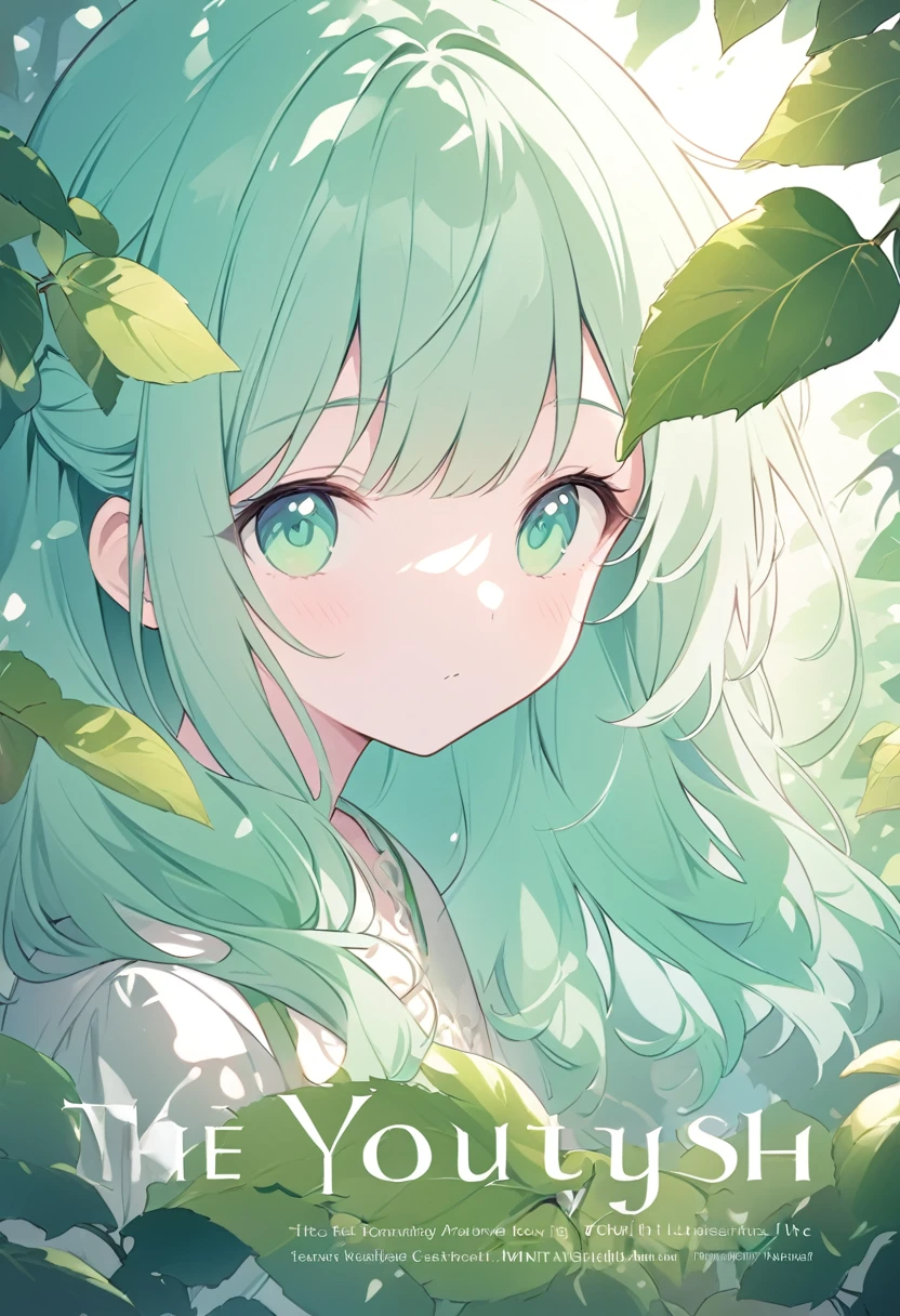 Literary magazine cover,Multiple youth,Close-up of face,The sunlight shines through the gaps in the leaves, casting dappled light and shadows,Fresh and natural,Dreamy mint green,Literary poster layout,The title says "youth" in English font