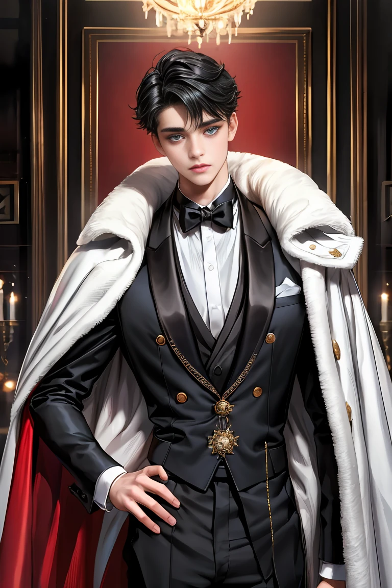 masterpiece, 最high quality, high quality, 1 boy, alone, Male focus, Watching the audience, Messy black hair, Adorable big blue eyes, White, Noble, Noble,A sexy, voluminous, puffy cape、tuxedo、A very voluminous, large, very large, very large, long, long red and black cape with a high stand-up collar, made of a lot of fabric that reaches down to the floor., 17 years old,Cute beautiful boys,Cute, cute, kind, handsome guy