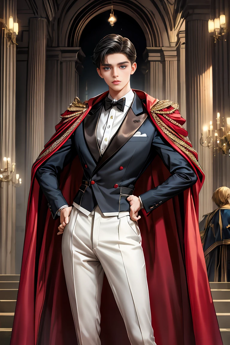 masterpiece, 最high quality, high quality, 1 boy, alone, Male focus, Watching the audience, Messy black hair, Adorable big blue eyes, White, Noble, Noble,A sexy, voluminous, puffy cape、tuxedo、A very voluminous, large, very large, very large, long, long red and black cape with a high stand-up collar, made of a lot of fabric that reaches down to the floor., 17 years old,Cute beautiful boys,Cute, cute, kind, handsome guy