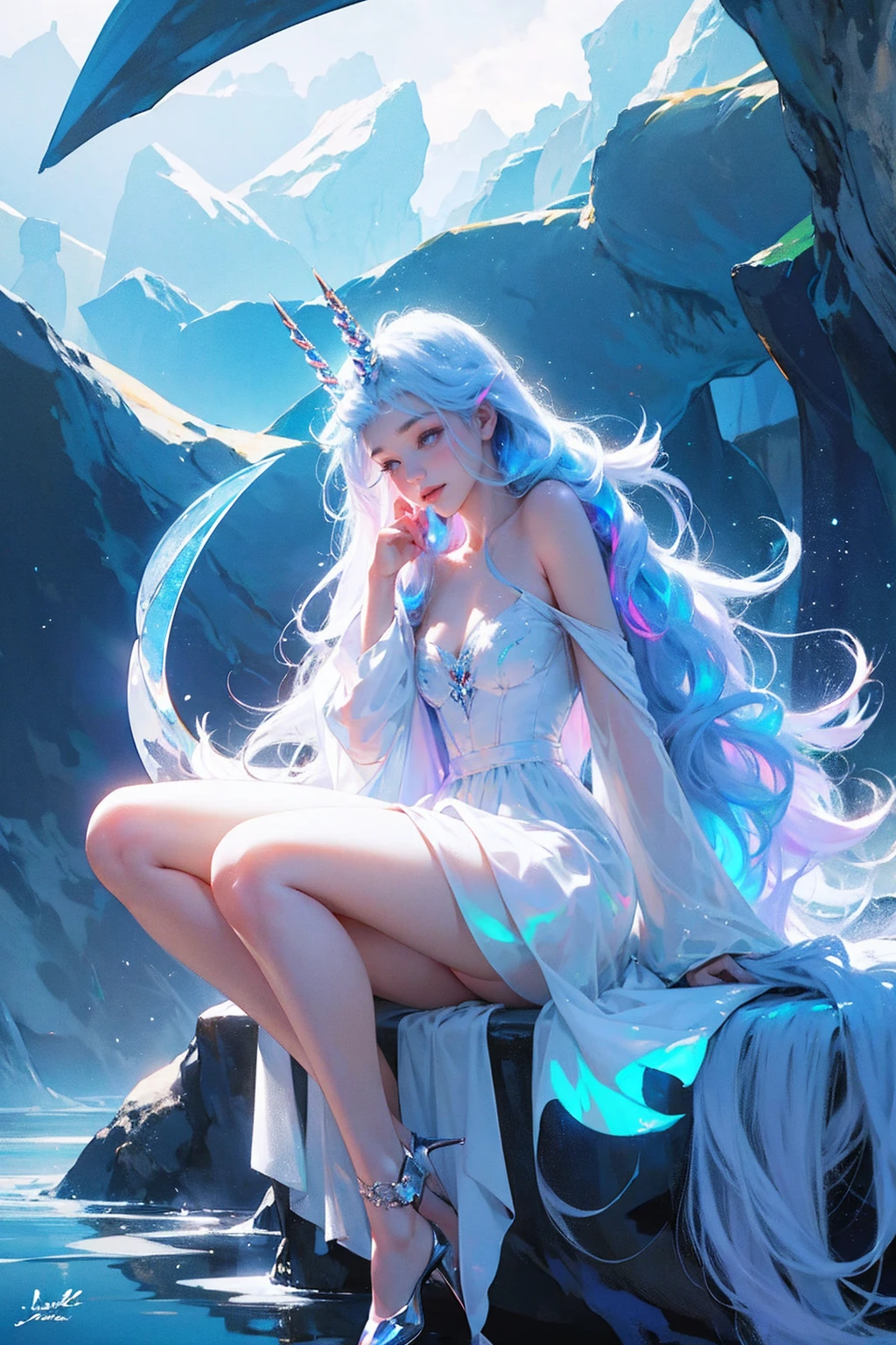 (Masterpiece - Ultra-Detailed, High Resolution) There is a white unicorn girl, blue mane and long mane, white unicorn, unicorn, unicorn horns, A unicorn, celestia, Nine stories, blue unicorn, soft dreamy, cinematic light《fangs》Unicorn in, mythological creatures, a mythical creature, Pokémon illustration, unicorns, a glaceon princess, white dress, opal eyes. Auroracore, ghostly iridescent, image good for rendering, sitting on the water. unicorn girl, full body, holding a crystal unicorn