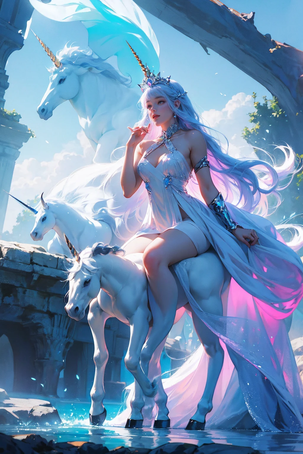 (Masterpiece - Ultra-Detailed, High Resolution) There is a white unicorn girl, blue mane and long mane, white unicorn, unicorn, unicorn horns, A unicorn, celestia, Nine stories, blue unicorn, soft dreamy, cinematic light《fangs》Unicorn in, mythological creatures, a mythical creature, Pokémon illustration, unicorns, a glaceon princess, white dress, opal eyes. Auroracore, ghostly iridescent, image good for rendering, sitting on the water. unicorn girl, full body, holding a crystal unicorn