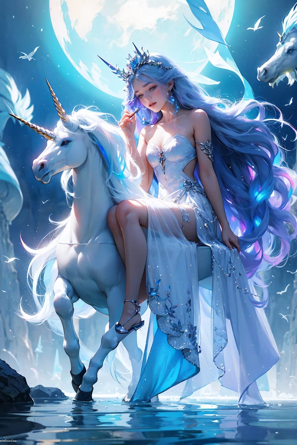 (Masterpiece - Ultra-Detailed, High Resolution) There is a white unicorn girl, blue mane and long mane, white unicorn, unicorn, unicorn horns, A unicorn, celestia, Nine stories, blue unicorn, soft dreamy, cinematic light《fangs》Unicorn in, mythological creatures, a mythical creature, Pokémon illustration, unicorns, a glaceon princess, white dress, opal eyes. Auroracore, ghostly iridescent, image good for rendering, sitting on the water. unicorn girl, full body, holding a crystal unicorn