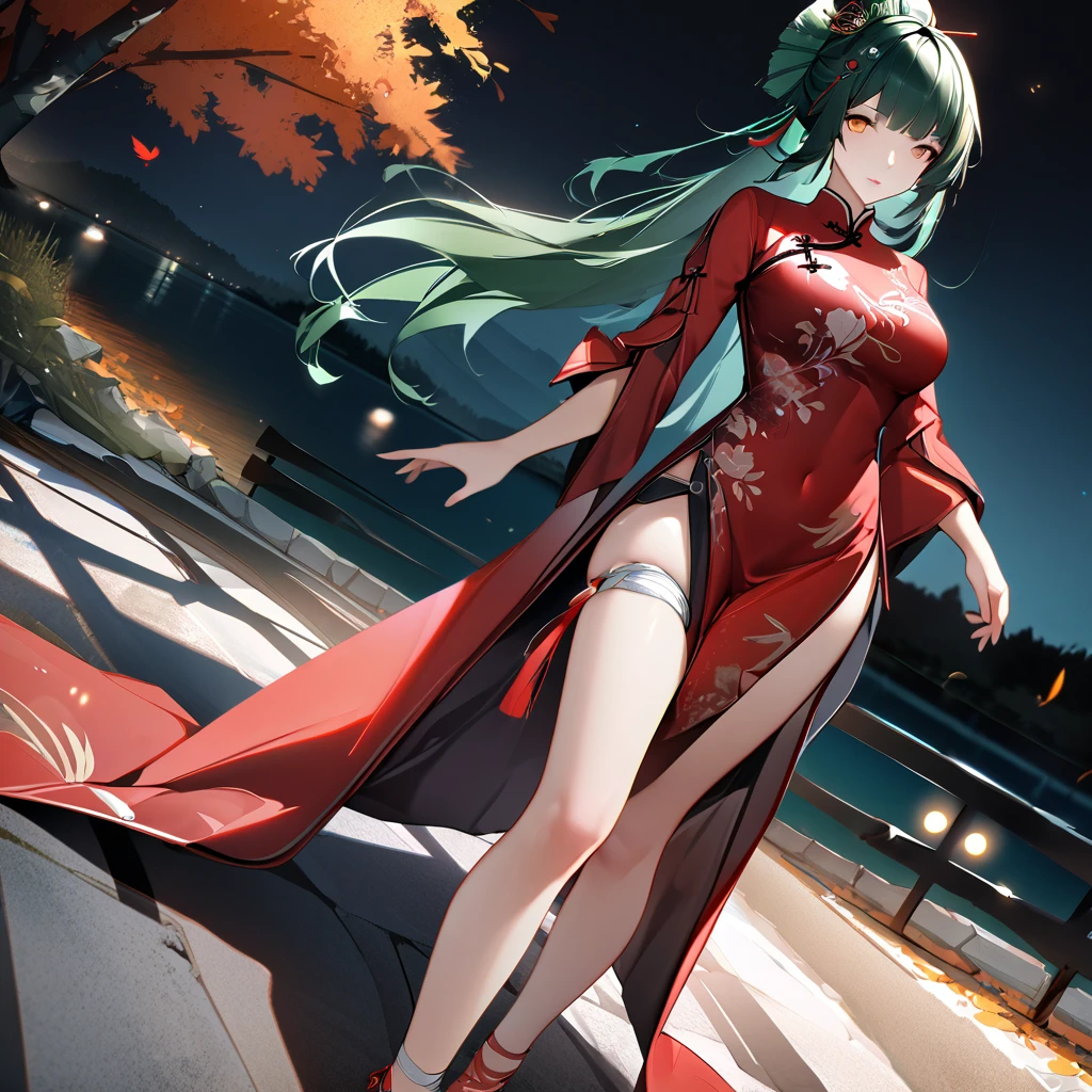 A woman wearing traditional Chinese dress, red dress with bamboo designs, green hair, tied up hair, long hair, orange eyes, peacock feather in her hair, red heels, standing posture, walking on a concrete walkway near of a lake, autumn tree, perfect face, perfect eyes, perfect lips, night place, lighting with fireflies, punishing_gray_raven, Hanying, .UHD , masterpiece, super details , high quality , best quality, 8k, high resolution, bokeh effect. (woman solo), close view.
