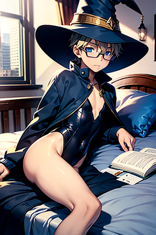 Boy, , leotard, ((Bedroom)), wearing a wizard hat and eyeglasses, lying in bed