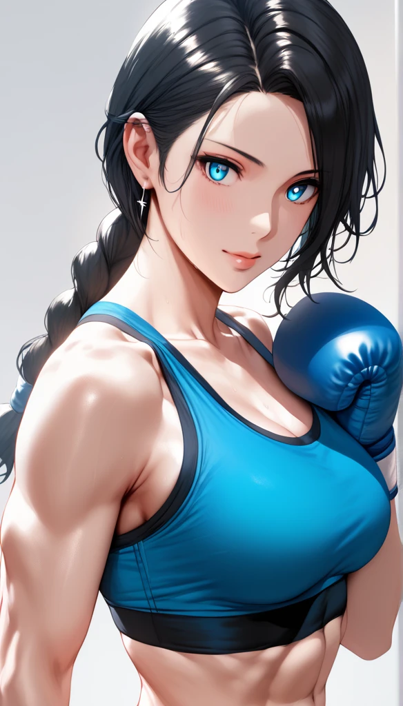 (hews art style:0.7), score_9, score_8_up, score_7_up, score_6_up, score_5_up, score_4_up, 1 girl, 23 years old, long black hair, handsome face, toned, sports bra, boxing gloves, high quality, masterpieceBREAK (masterpiece:1.2), best quality, high resolution, (illustration:0.8), (detailed eyes:1.3), perfect lighting, (perfect hands, perfect anatomy)