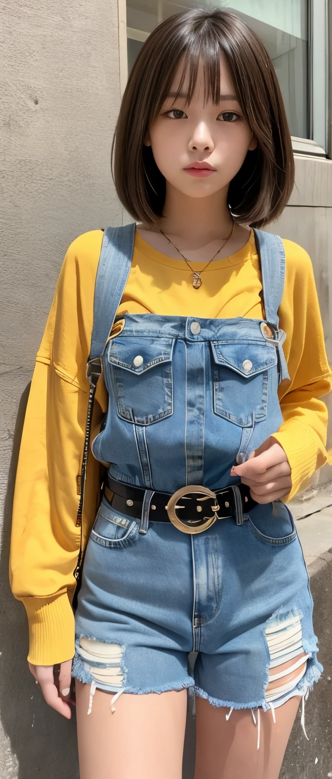 Cute Teen Idol Girl、whole body、Good style、、、、、、、、、、Thick legs、Distressed denim pants with large holes(、Cool belt)、Cool girl face、Shiny orange leopard print punk jacket