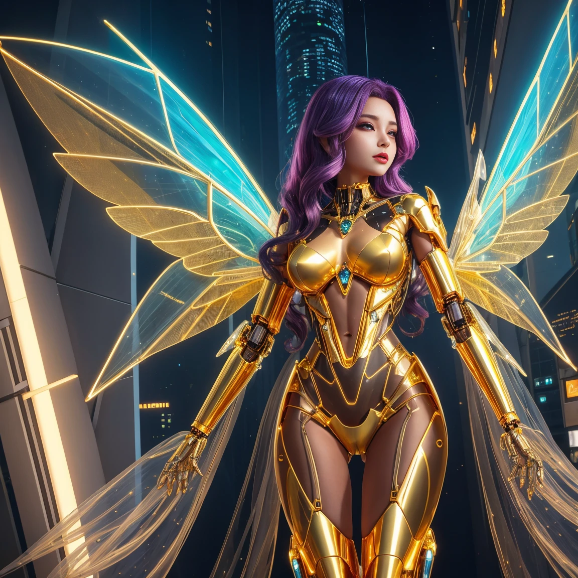 a beautiful cyber fairy, medium hair, Body cute, shiny wings transparent gold diamond, wearing a futuristic cybernetic dress in a futuristic city