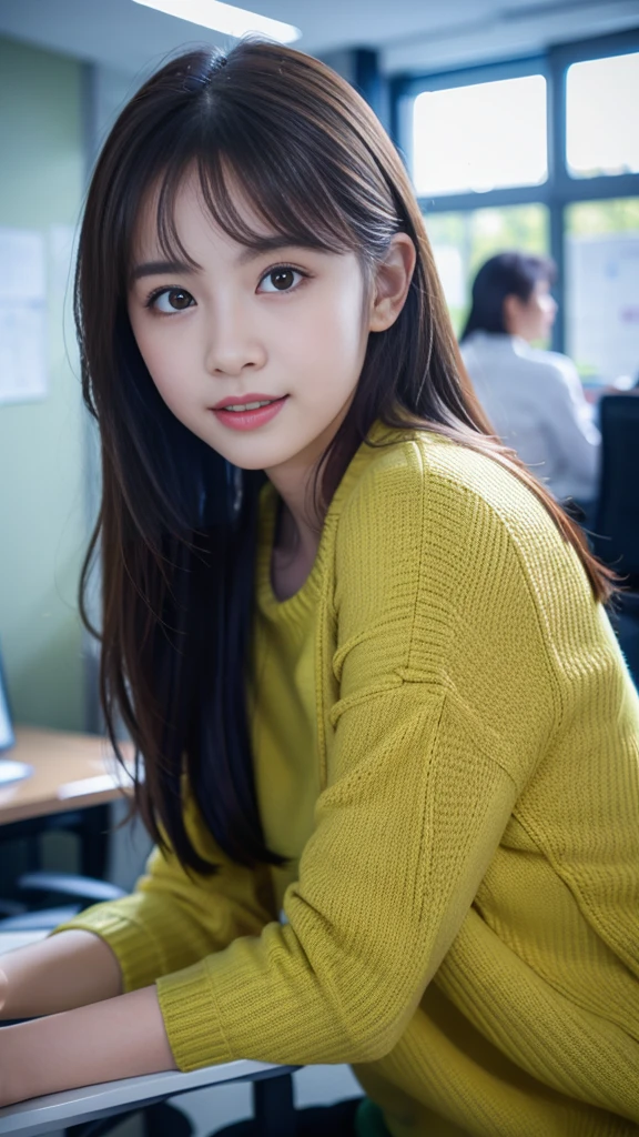 (8k, RAW Photos, Highest quality, masterpiece:1.3), (Realistic, photo-Realistic:1.4), (非常に詳細な8k壁紙), Sharp focus, Written boundary depth,
Japanese Idols,very cute,(Baby Face),sweater, Look at us and laugh, Upper Body, Highly detailed face and eyes,((Glowing Skin:1.2)), Cinema Lighting, Soft Light, Blur the background, Bokeh,(office, Modern, stylish, Glass Wall, Open space:1.2)