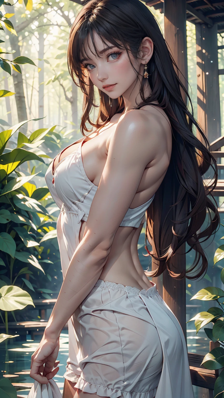 A nude woman standing in nature。Surrounded by lush forests and rivers、The soft morning light envelopes her。Emphasizing oneness with nature