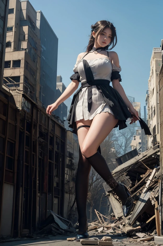 The building collapses、Urban hustle and bustle、Traffic jam、City of Rubble、street tree、((((Azur Lane Cheshire))))、Maid clothes、Super huge breasts、Plump thighs、Ground View,City of Giants,500 foot tall giant girl,skyscraper,Has super long legs,Step into the crowd,There are many people on the street,Knee-high socks,She has waist-length black hair,Wear Mary Jane heels,A happy look,Standing on the ruins,Beautiful appearance,Exquisite makeup,quality,8k,高quality,Perfect Proportions, Cinema Lighting,Film Grain,The Colors of Fuji,8k,Textured skin,Super Detail,High detail,high quality,High resolution,explode,False Smile,Show your pants