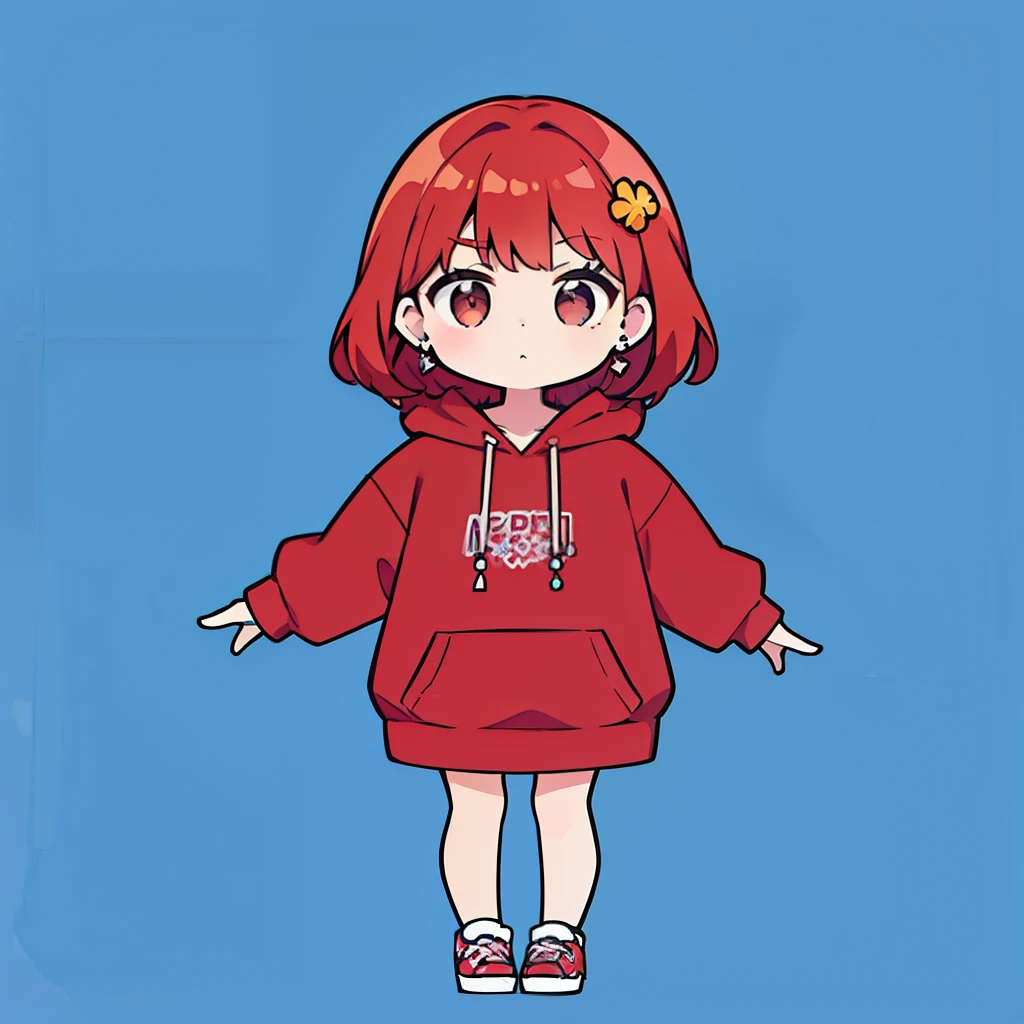 One Girl, Redhead, Medium Hair,cute,Earrings Flower Hair Ornaments, Dear Kurt, 8k resolution, 8K quality, Blue background, Brown eyes, Walking,Large hoodie,SD character