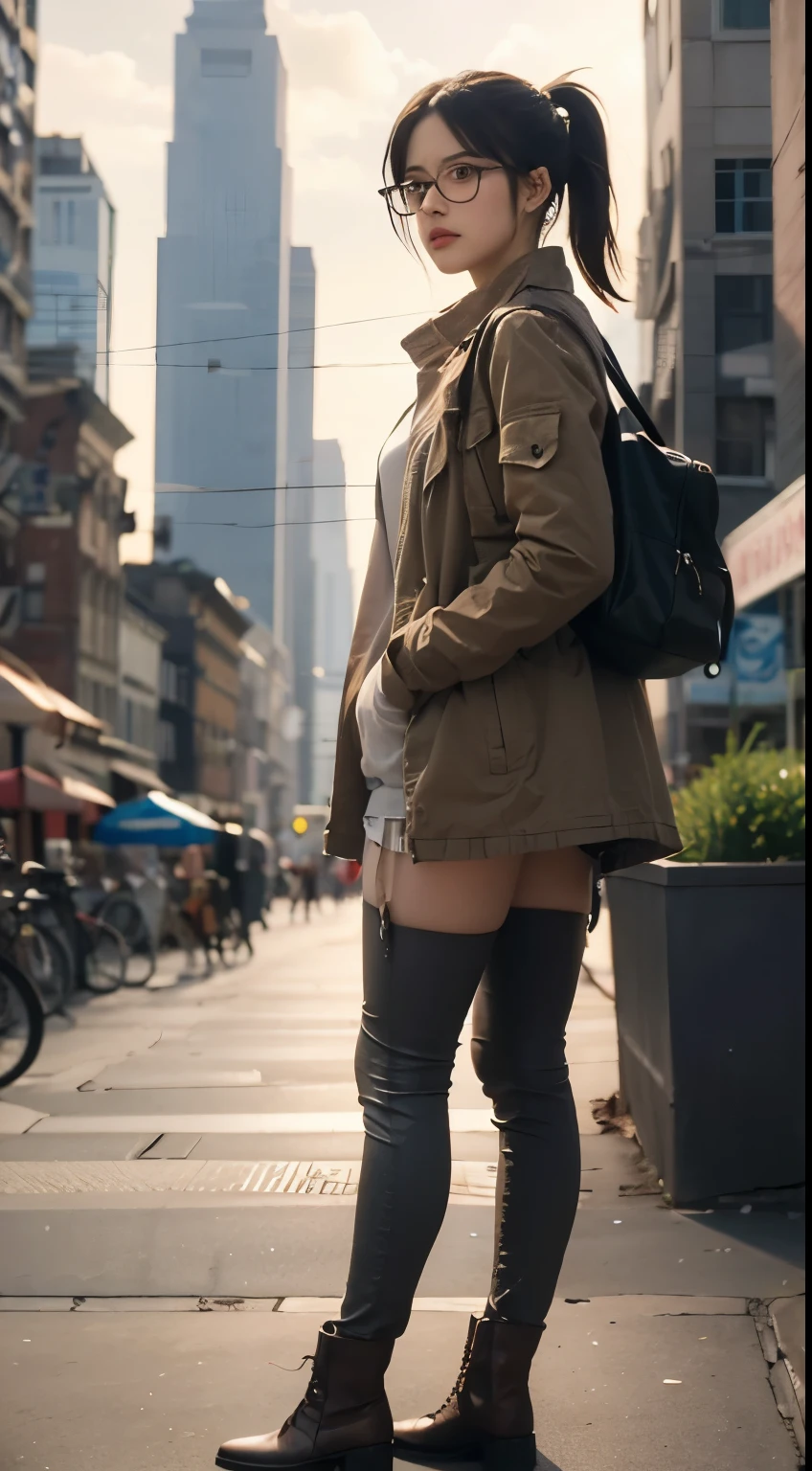 Hange zoe, attack on titan, black hair ponytail, brown eyes, glasses eyes, modern city background, ultra realistic, ultra detailed, best quality, masterpiece.