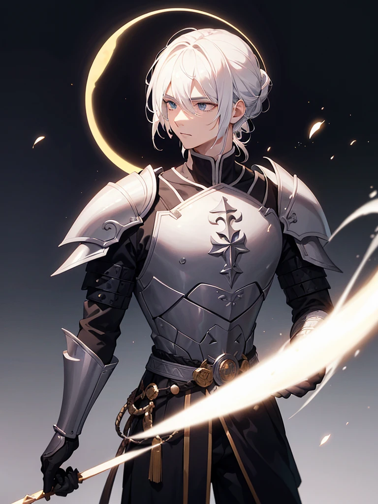 young man, white hair, hair tied at the base of the neck, wearing black armor with a circle of force symbolizing an eclipse on the chest of the armor, carrying a grand black sword