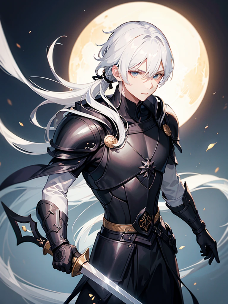 young man, white hair, hair tied at the base of the neck, wearing black armor with a circle of force symbolizing an eclipse on the chest of the armor, carrying a grand black sword