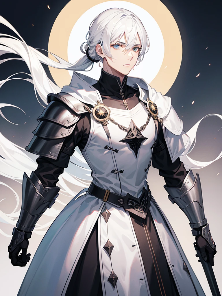 young man, white hair, hair tied at the base of the neck, wearing black armor with a circle of force symbolizing an eclipse on the chest of the armor, carrying a grand black sword