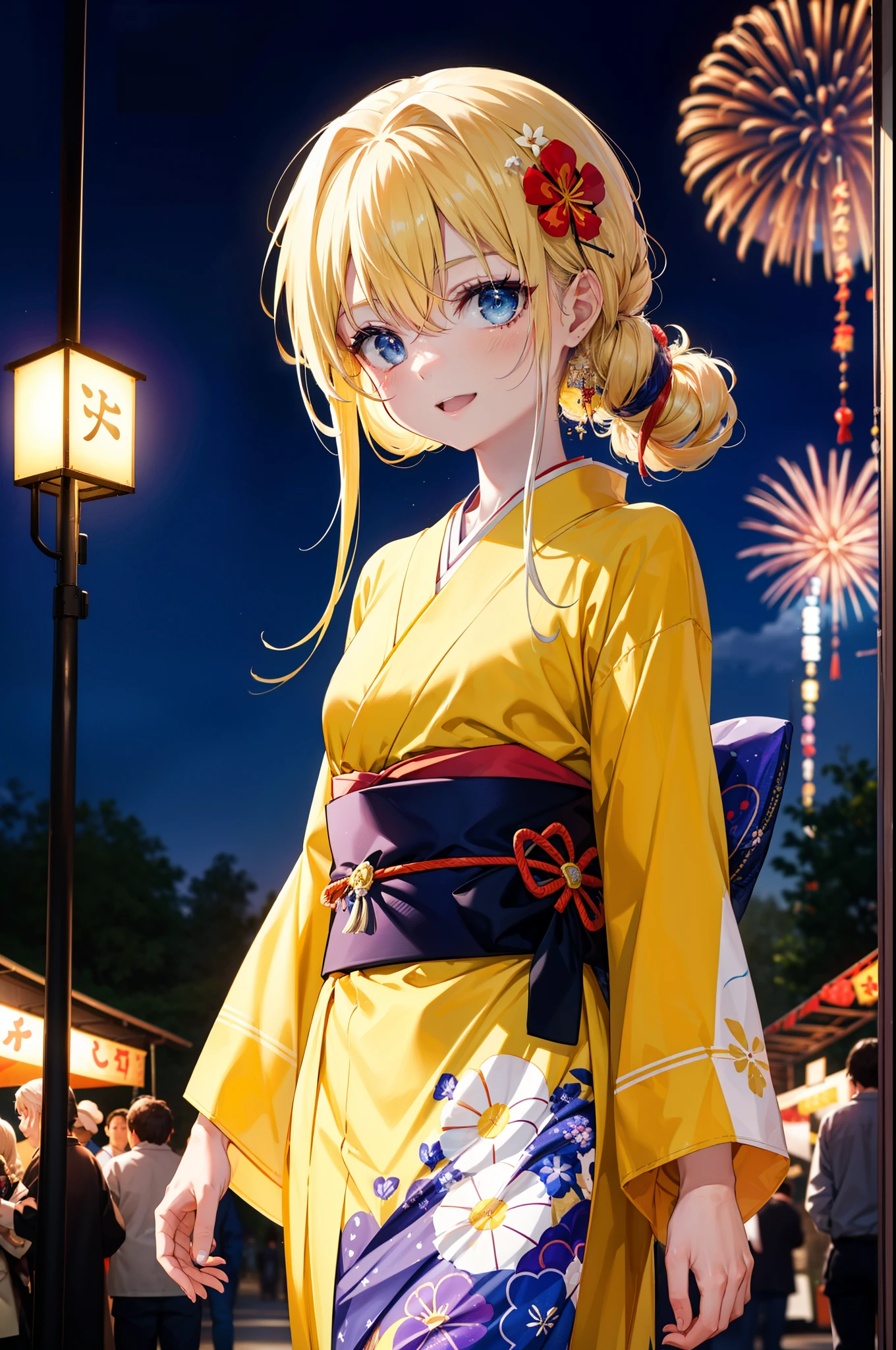 Arisburg, Alice Zuberg, bangs, blue eyes, blonde, Hair between the eyes, Long Hair,Flower Hair Ornaments,Tie your hair back, hair band, white hair band,Yellow kimono,happy smile,smile, Open your mouth,firework in the night sky、firework,場所はfirework大会,Time is night,sunny day,Japanese Festivals,Summer festival food stalls,Red Lantern,whole bodyがイラストに入るように
break outside, shrine,
break looking at viewer, whole body,(Cowboy Shot:1.5),
break (masterpiece:1.2), Highest quality, High resolution, unity 8k wallpaper, (shape:0.8), (Beautiful attention to detail:1.6), Highly detailed face, Perfect lighting, Extremely detailed CG, (Perfect hands, Perfect Anatomy),