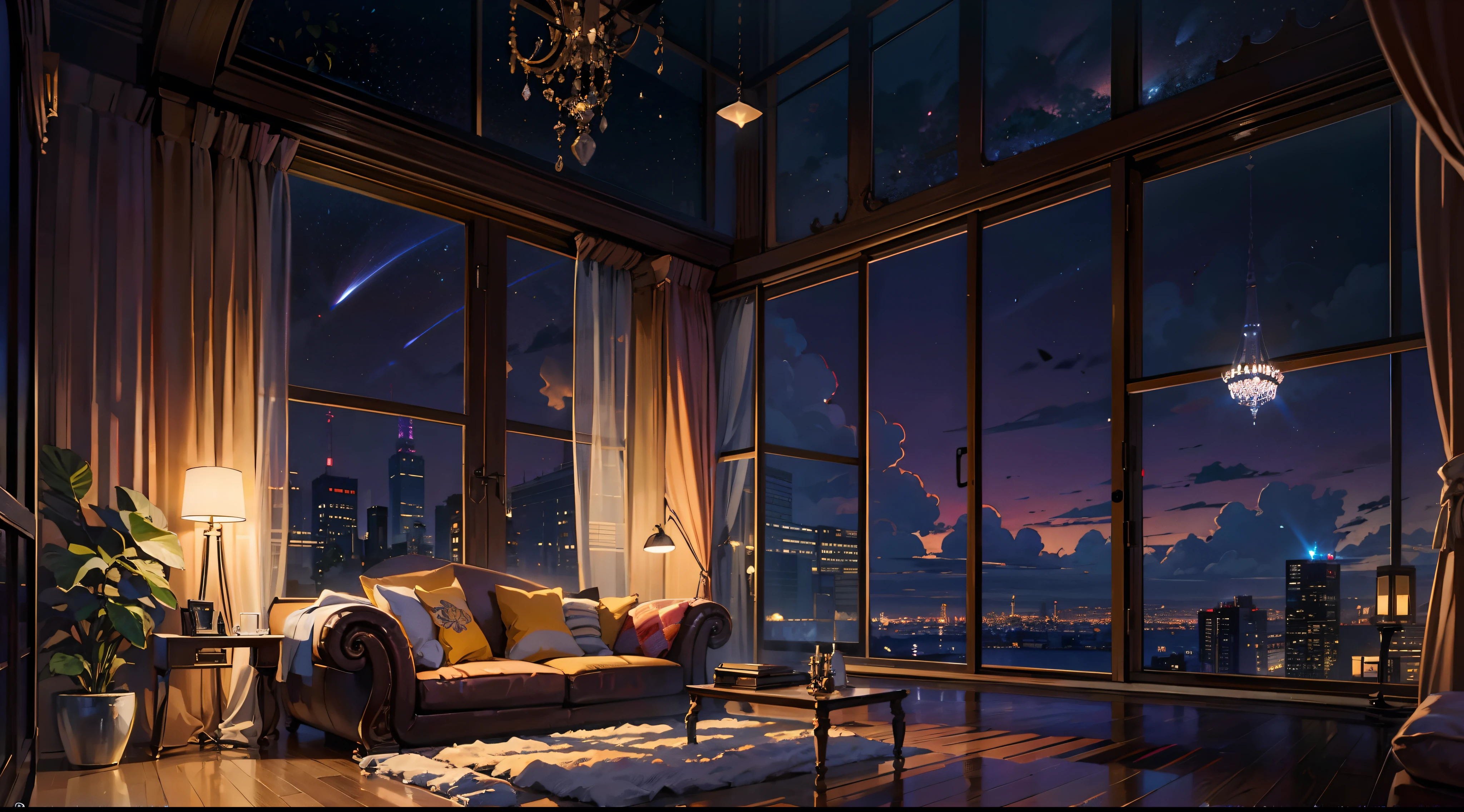 lot of details, 8k, to fake, withouth People, magie, hall, cozily, minimalistic, darkly, the night, large windows