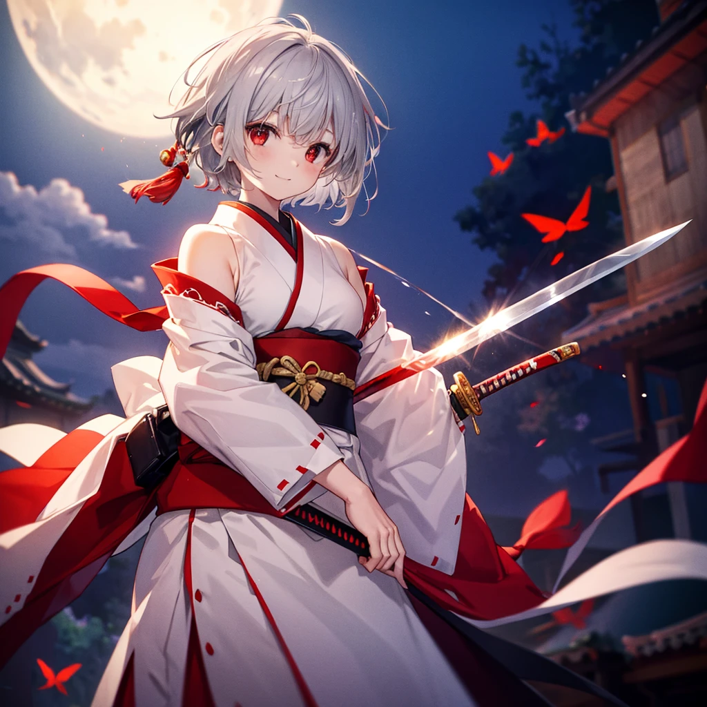 (((((1 person Gray Hair、short hair、Make your hair glow from within White and red clothes、shoulder))))) ((((High resolution Japanese sword、Shining blade)))) (((Black Belt warrior military commander、Close-up smile Red eyes))) ((Bright red butterfly night Japanese style、old Shining Aura garden、water surface full moon Catch the wind)) (Shining Background Shining Edges)