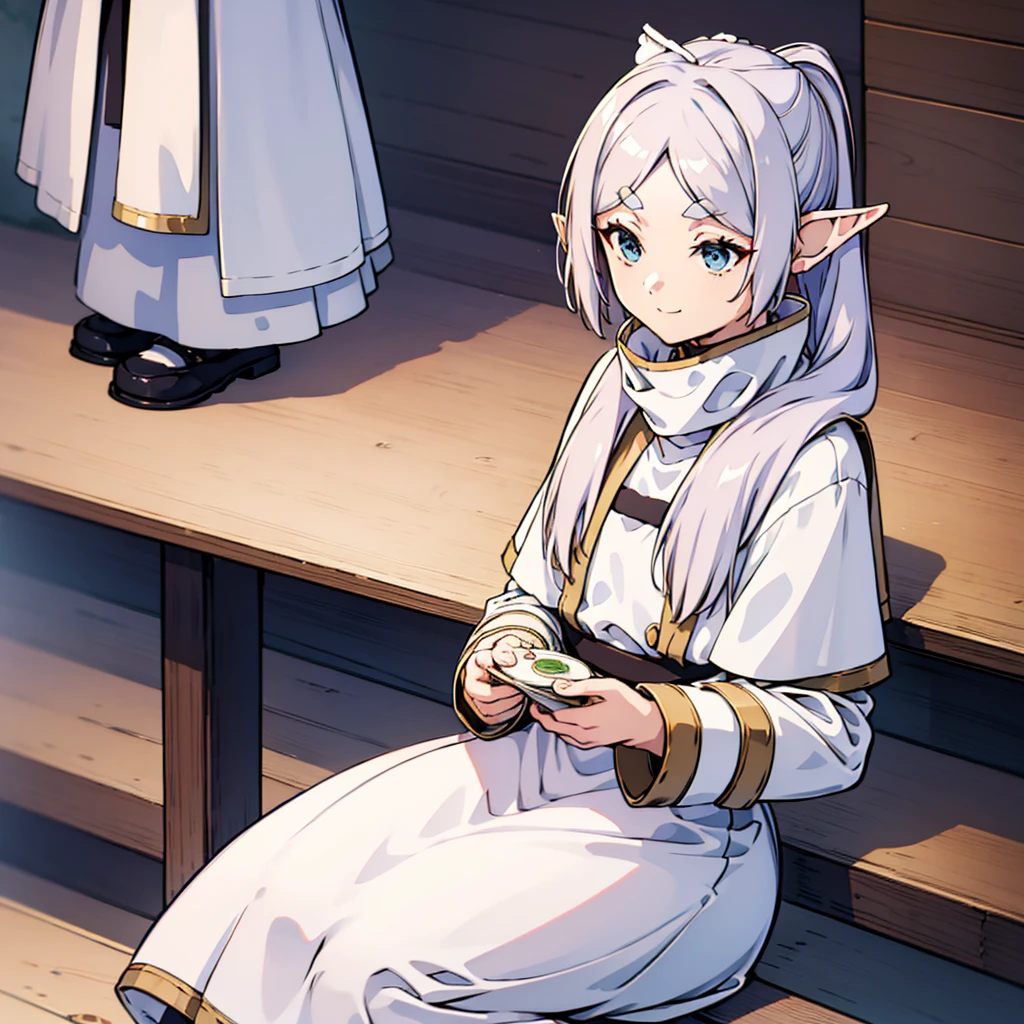 (Highest quality, On the table),セクシーなMaid， Teenage Girl，Browsing Caution, One Girl, Green Eyes , smile, Hourglass Shape, Grey long hair，Maid服，Dual Horsetail, Elf Ears、Inside the room、Great tit、黒背景はHighest qualityです, masterpiece, One slim girl, (alone:1.1), Raytracing, Super detailed,Detailed face, 8k wallpaper, Wide Hips, Takashi Furi NDV, One slim girl, Gray Hair, Dual Horsetail, blue eyes, Medium chest, 長いGray Hair, Pointed Ears, Maid, Parted bangs, White shawl, White Dress, band, Long sleeves,  External, Sit, Hooded, scarf, Yuki, Winters，厳粛なMaid服，lie，Sitting，Throne