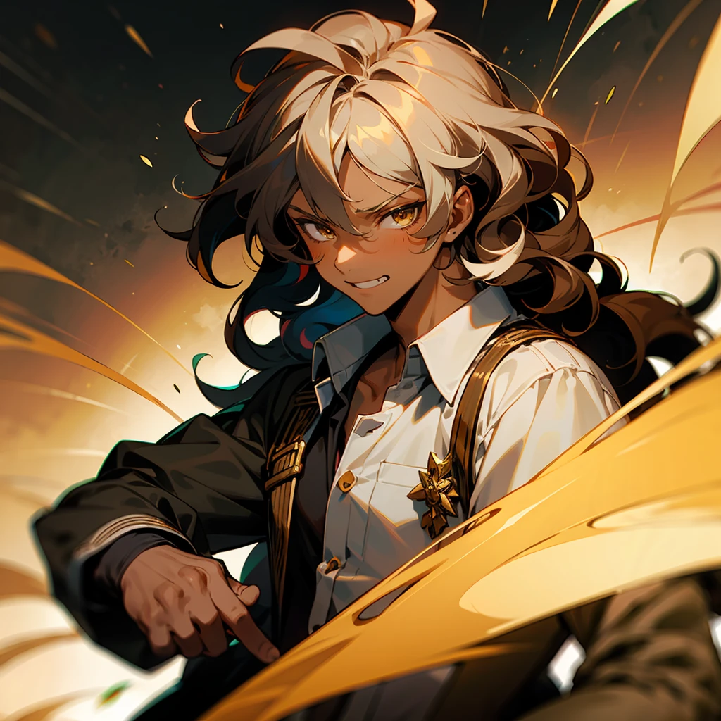 1male , Smug Expression , Wavy Hair , Multicolored Hair , Brown and Gold Hair , Oumbre Hair , Unique Clothing , Fitted white Longsleeve shirt , Combat clothing , Dark Skin , Young Male