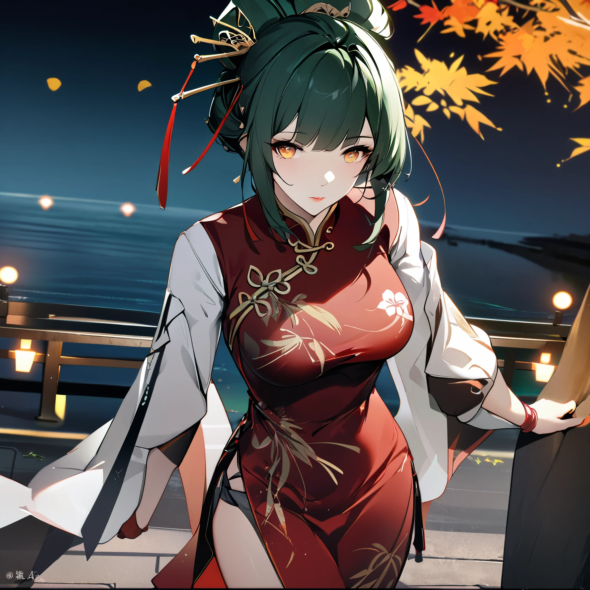 A woman wearing traditional Chinese dress, red dress with bamboo designs, green hair, tied up hair, long hair, orange eyes, peacock feather in her hair, red heels, standing posture, walking on a concrete walkway near of a lake, autumn tree, perfect face, perfect eyes, perfect lips, night place, lighting with fireflies, punishing_gray_raven, Hanying, .UHD , masterpiece, super details , high quality , best quality, 8k, high resolution, bokeh effect. (woman solo), close view.
