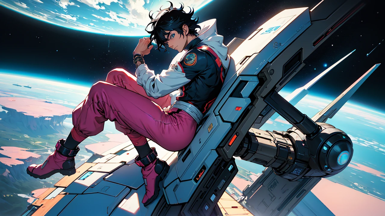 Anime character sitting on the ground looking at the earth, Space cowboy, cyber Space cowboy, 靈感來自Josan Gonzalez, Xin Haicheng ( peak legend ), Akira art style, rostlan style, Akira Resonance, Akira art style, Floating beside a planet, Josan Gonzalez, Science fiction art!!!!!!!, Josan Gonzalez!!!, In space, Modern science fiction animation