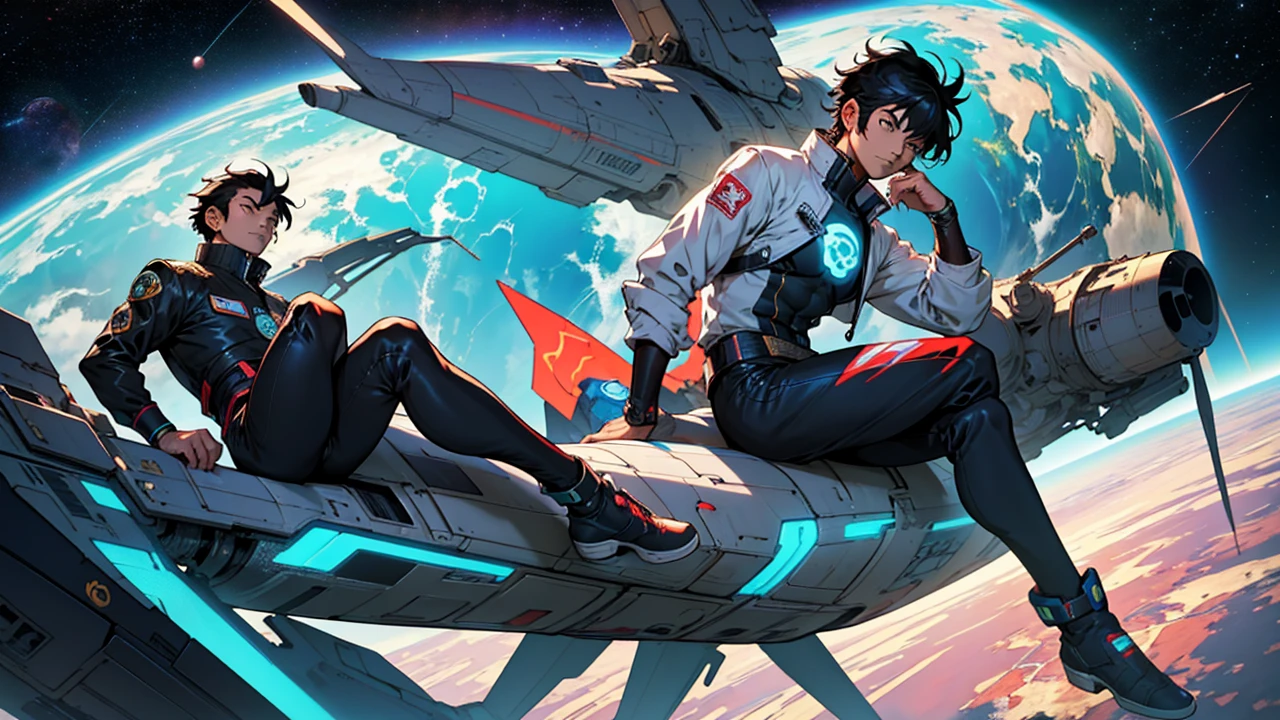 Anime character sitting on the ground looking at the earth, Space cowboy, cyber Space cowboy, 靈感來自Josan Gonzalez, Xin Haicheng ( peak legend ), Akira art style, rostlan style, Akira Resonance, Akira art style, Floating beside a planet, Josan Gonzalez, Science fiction art!!!!!!!, Josan Gonzalez!!!, In space, Modern science fiction animation