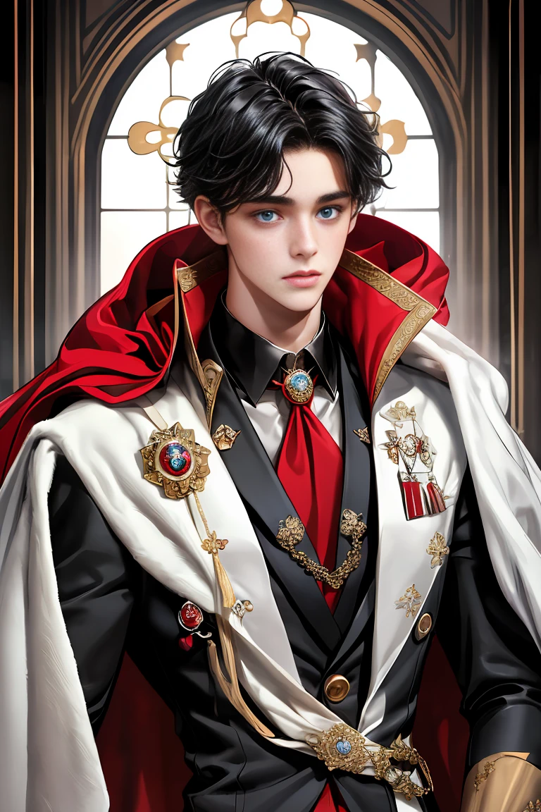 
masterpiece, 最high quality, high quality, 1 boy, alone, Male focus, Watching the audience,  Messy black hair, Adorable big blue eyes, White, Noble, Noble,A sexy, voluminous, puffy cape、tuxedo、A very voluminous, large, very large, very large, long, long red and black cape with a high stand-up collar, made of a lot of fabric that reaches down to the floor., 17 years old,Cute beautiful boys,Cute, cute, kind, handsome guy