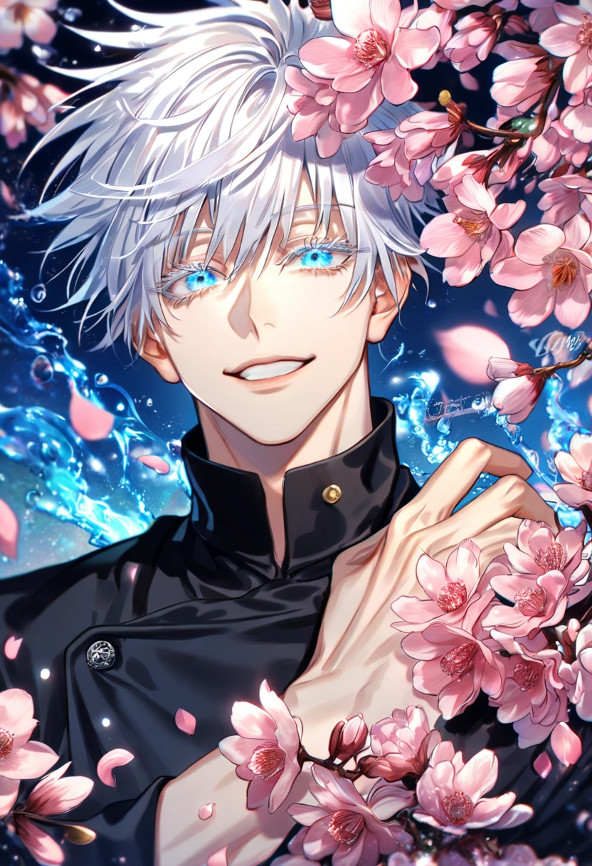 absurdres, highres, ultra detailed, HDR, master piece, Gojou Satoru, white hair with bangs, white eyelashes, expressive blue eyes, black clothes, Jujutsu Kaisen, sexy man, handsome, best quality, blossoms, pink petals, pink flowers, fantasy, magical, blue shining fireflies, solo, water, handsome smile, sensual