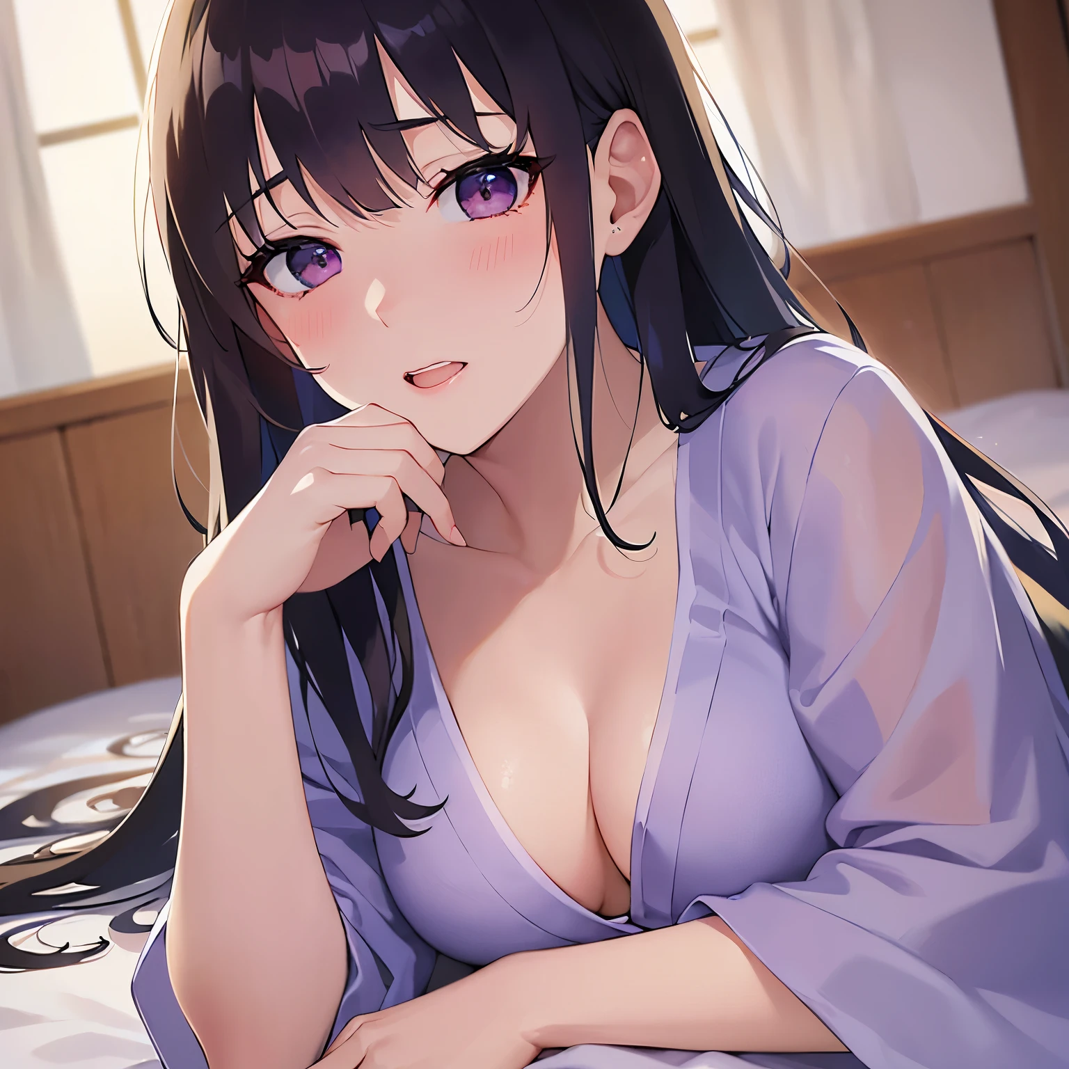 closed eyes、(on stomach:1.5),lying down , 
, Realistic, real person, (pale skin: 1.2), RAW photo, photorealistic, shiny skin, shiny hair、 (A 25-year-old woman with straight hair and bangs) and (medium hair) and (black hair) and (purple eyes) , (purple) and (yukata)、Cleavage、
(embarrassed,blush:1.3),The background is a futon at night、（alone:1.5）