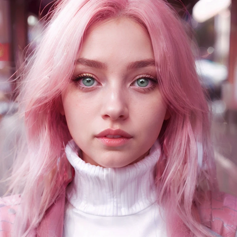 young woman, long pink hair, wide forehead, porcelain skin, pink eyebrows, big emerald green eyes, buttoned nose, thick lips, heart-shaped face, slender body, small breasts, pink leather dress, Sakura Haruno, realistic, realism black details 3d