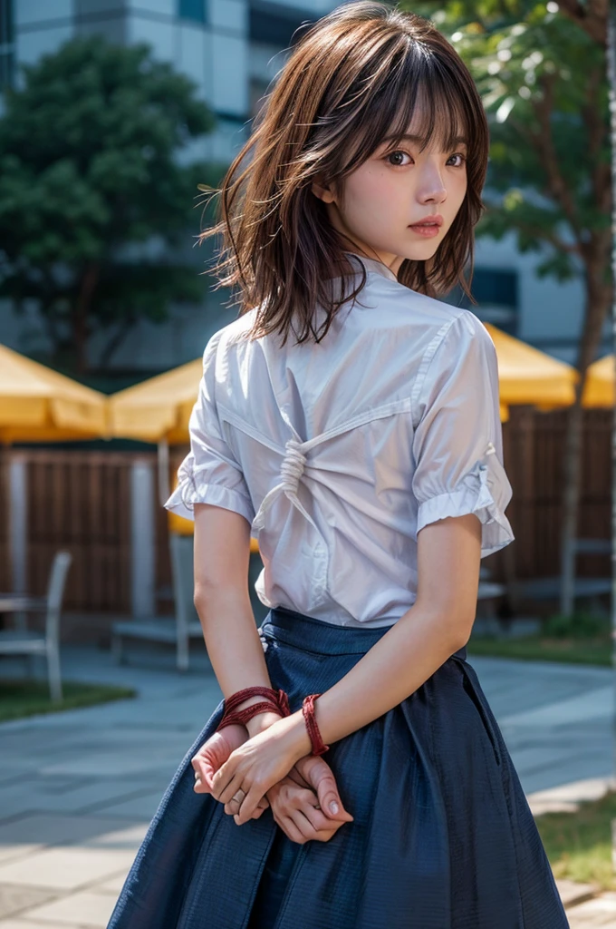 The woman has her hands tied、((Put your hands behind your back))、((Place your hands together and cross them behind your back))、((Her wrists are tied with rope))、Beauty、20age、university student、(anatomicaly, Has two arms and two hands)、Standing on a hill at night、There are a lot of trees、Beautiful night sky、There are many stars、A strong wind is blowing、Wearing a short-sleeved blouse、Wear a long skirt、Uniform eyes、Proportioned proportionedium build、Small breasts、Small face、(I can see from head to heel), Black Hair, bangs, swept bangs, Straight hair, Nervous, Messy Hair, Floating hair, Cinema Lighting, tachi-e, First-person view, throw, From behind, F/1.2, Nikon, Cowboy Shot, Surrealism, 超High resolution, Highest quality, High resolution, 8k, Textured skin, anatomicaly正しい体,