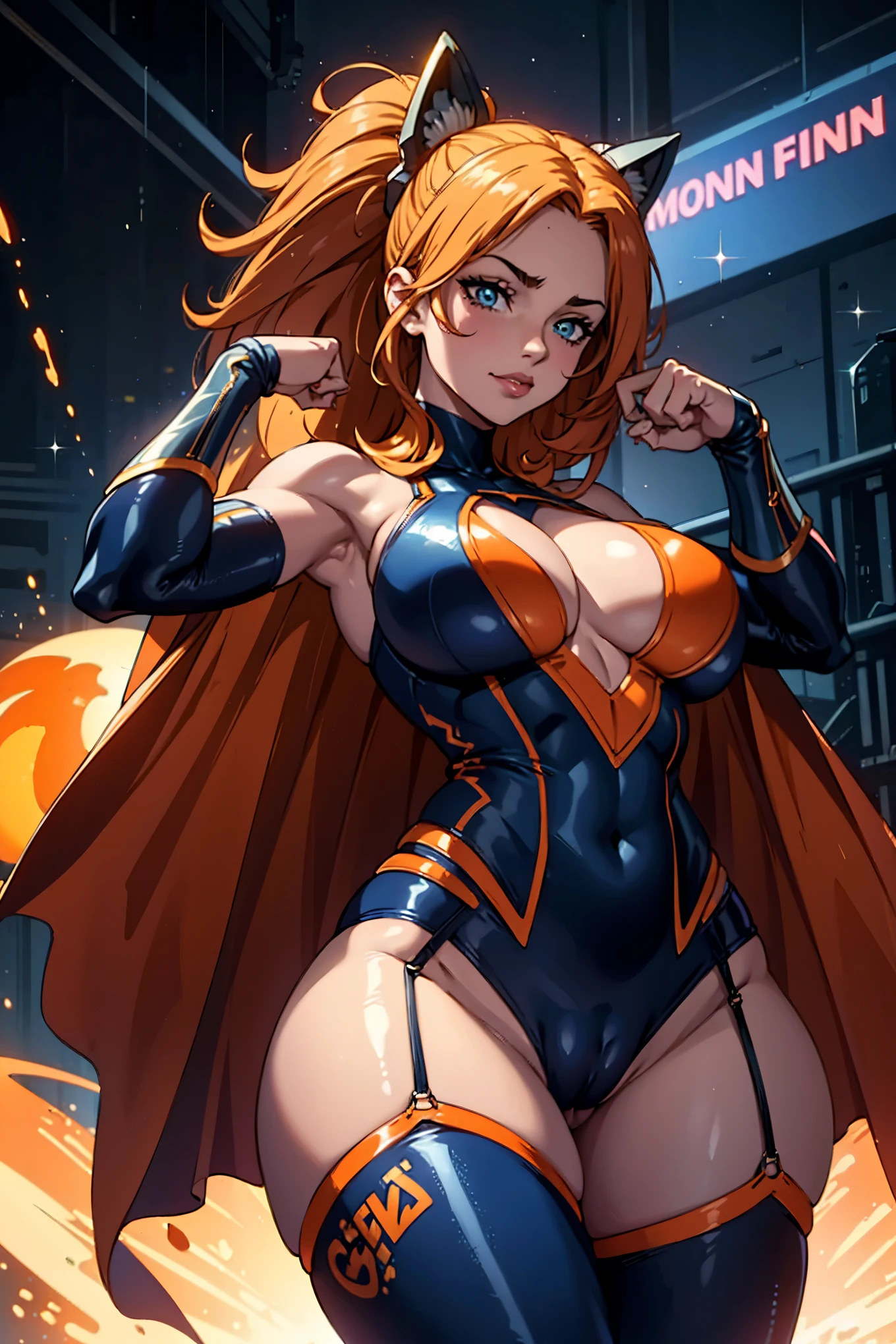 Digital painting of a woman with orange color mixed dark blue messy hair, long hair, Superhero, Muscle Girl, frying, Pose, fist up, From above, 1 knee up, bare shoulder, long cape, Behance Contest Winner, Afrofuturism, Synthwave, neon, glowing neon, Huge saggy breasts, (cute smile face:0.25), glitter galaxy background, planets,(((cameltoe)))