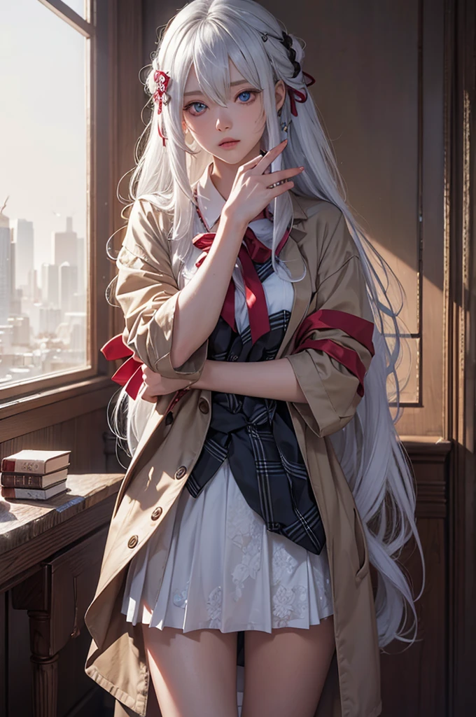 Volumetric Lighting, (masterpiece), (best quality), (ultra-detailed), masterpiece, source_anime, illustration, disheveled hair, detailed eyes, perfect composition, moist skin, intricate details BREAK, light depth, dramatic atmospheric lighting, Volumetric Lighting, Moegami, long hair, white hair, blue eyes BREAK, schoolorigami,ori hairclip, rzn blazer, rzn shirt, rzn skirt, rzn neck ribbon, red ribbon, BREAK, classroom