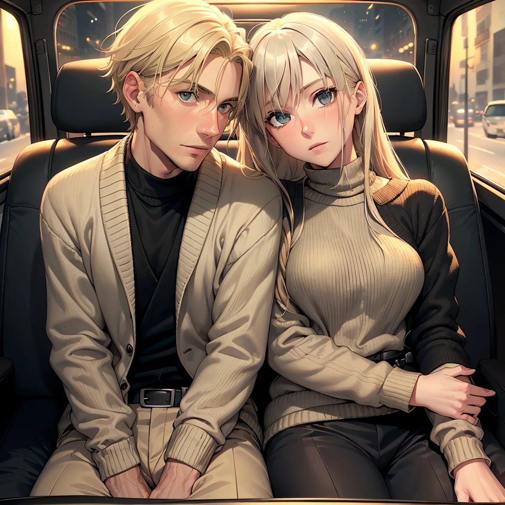 A twenty-nine year old man, with blonde hair, gray eyes and a black suit and a twenty-two year old girl with blonde hair, long and green eyes, wearing a beige sweater. Sitting in the back seats of a car, looking at each other. at night. without belt. Romantic.